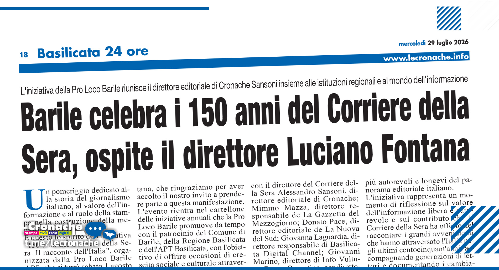 BARILE CELEBRA I 150 ANNI DEL CORRIERE DELLA SERA