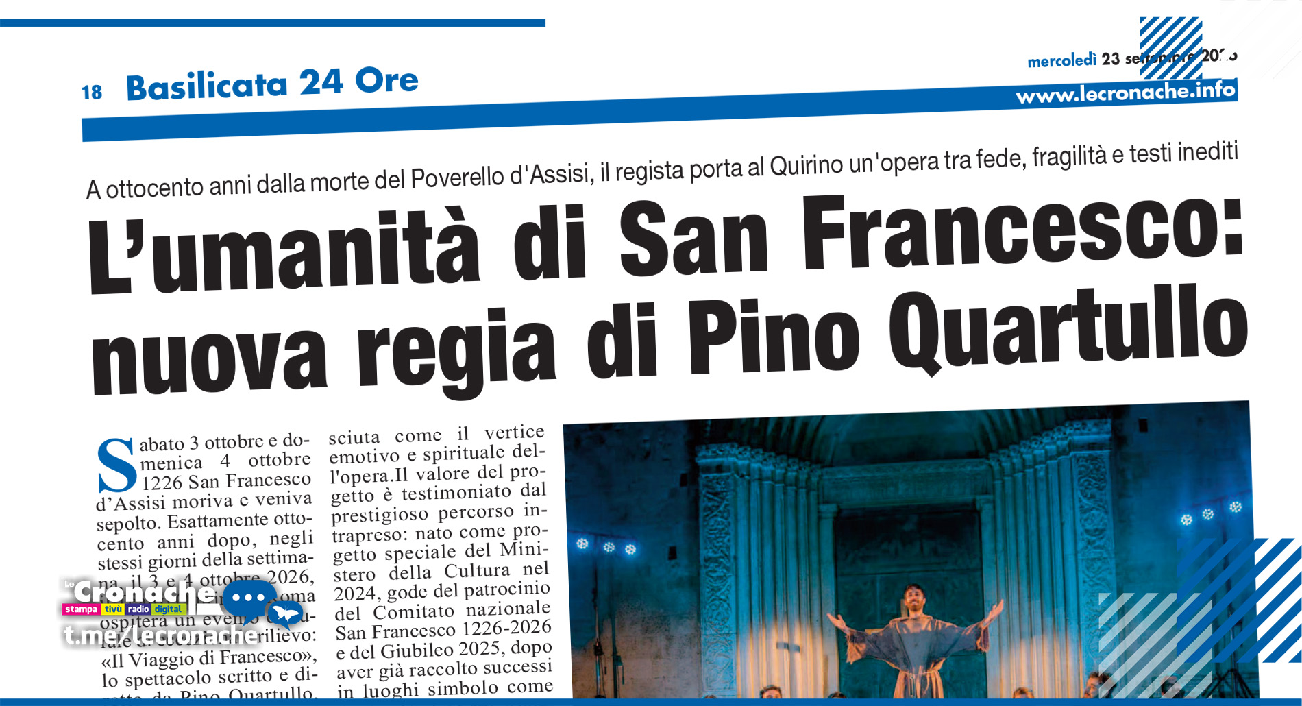 L’UMANITÀ DI SAN FRANCESCO: NUOVA REGIA DI PINO QUARTULLO