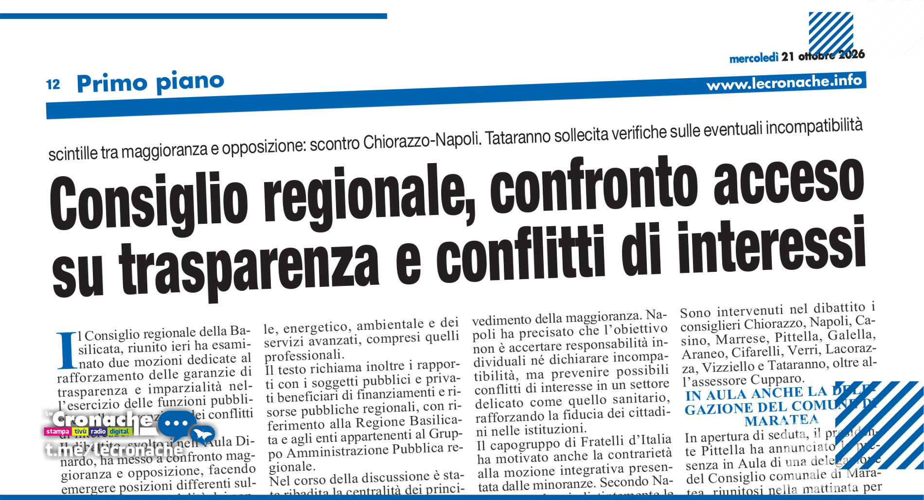 CONSIGLIO REGIONALE, CONFRONTO ACCESO SU TRASPARENZA E CONFLITTI DI INTERESSI