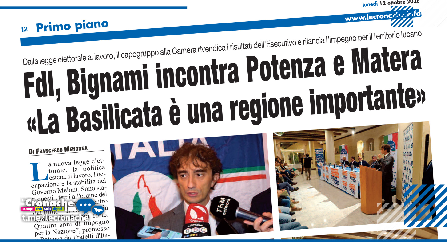 BIGNAMI (FDI): «LA BASILICATA È UNA REGIONE IMPORTANTE»