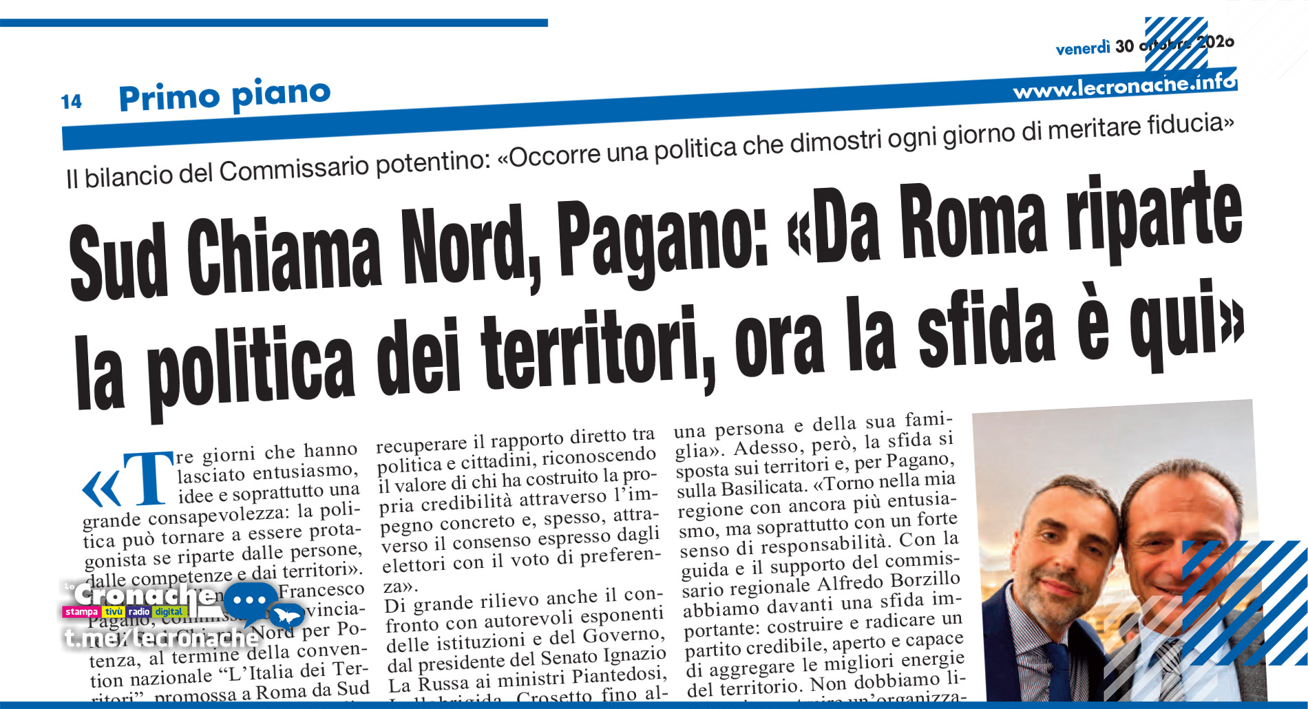 SUD CHIAMA NORD, PAGANO: «DA ROMA RIPARTE LA POLITICA DEI TERRITORI, ORA LA SFIDA È QUI»