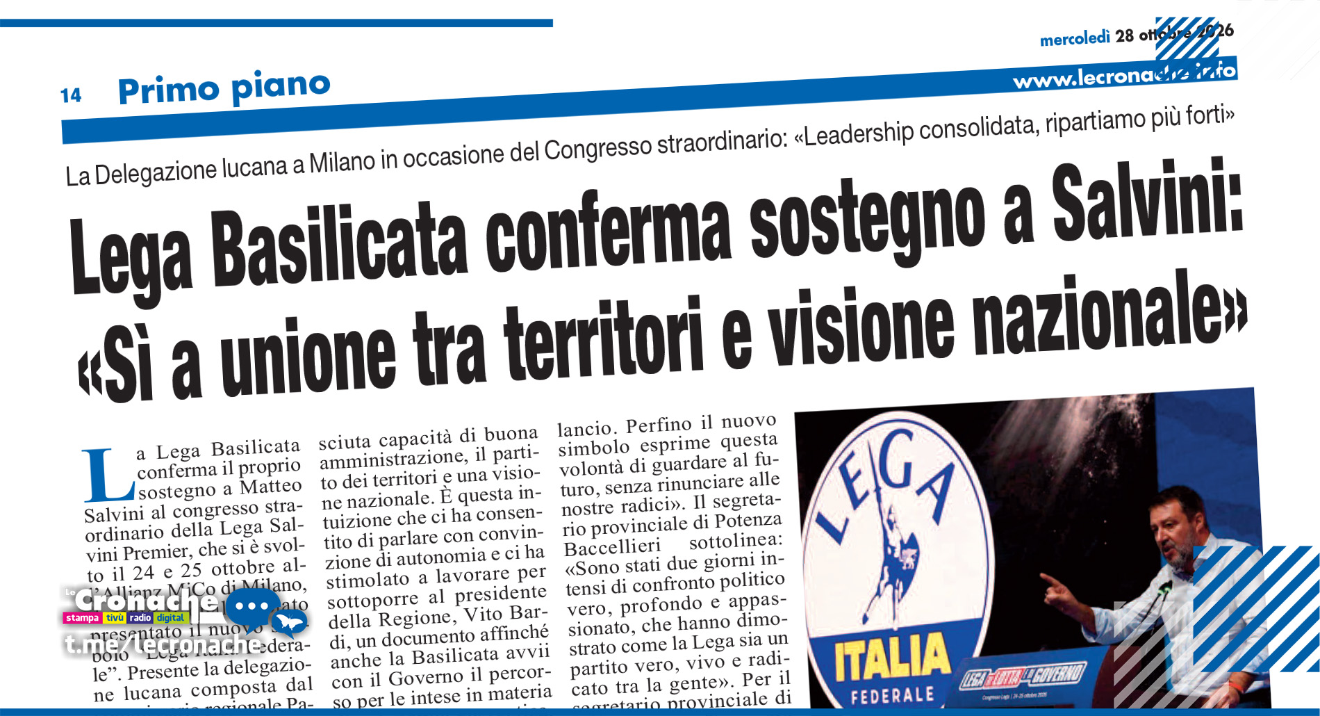 LEGA BASILICATA CONFERMA SOSTEGNO A SALVINI: «SÌ A UNIONE TRA TERRITORI E VISIONE NAZIONALE»