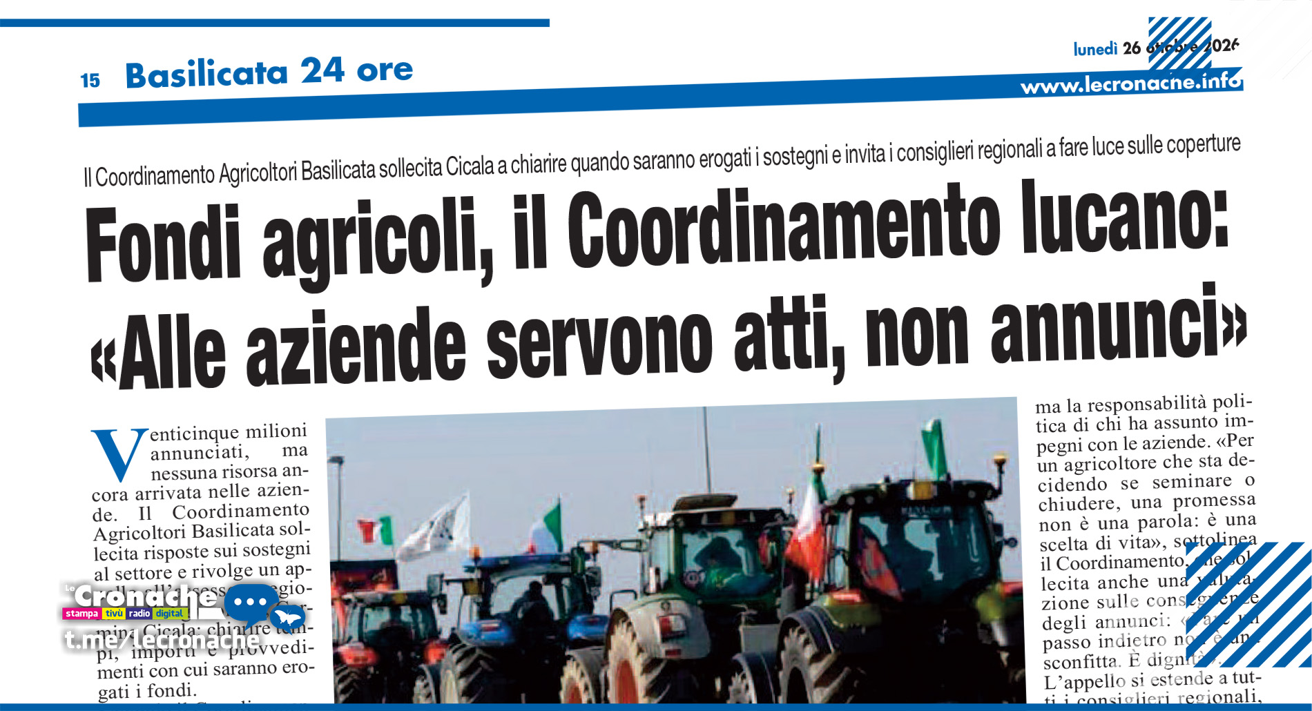 FONDI AGRICOLI, IL COORDINAMENTO LUCANO: «ALLE AZIENDE SERVONO ATTI, NON ANNUNCI»
