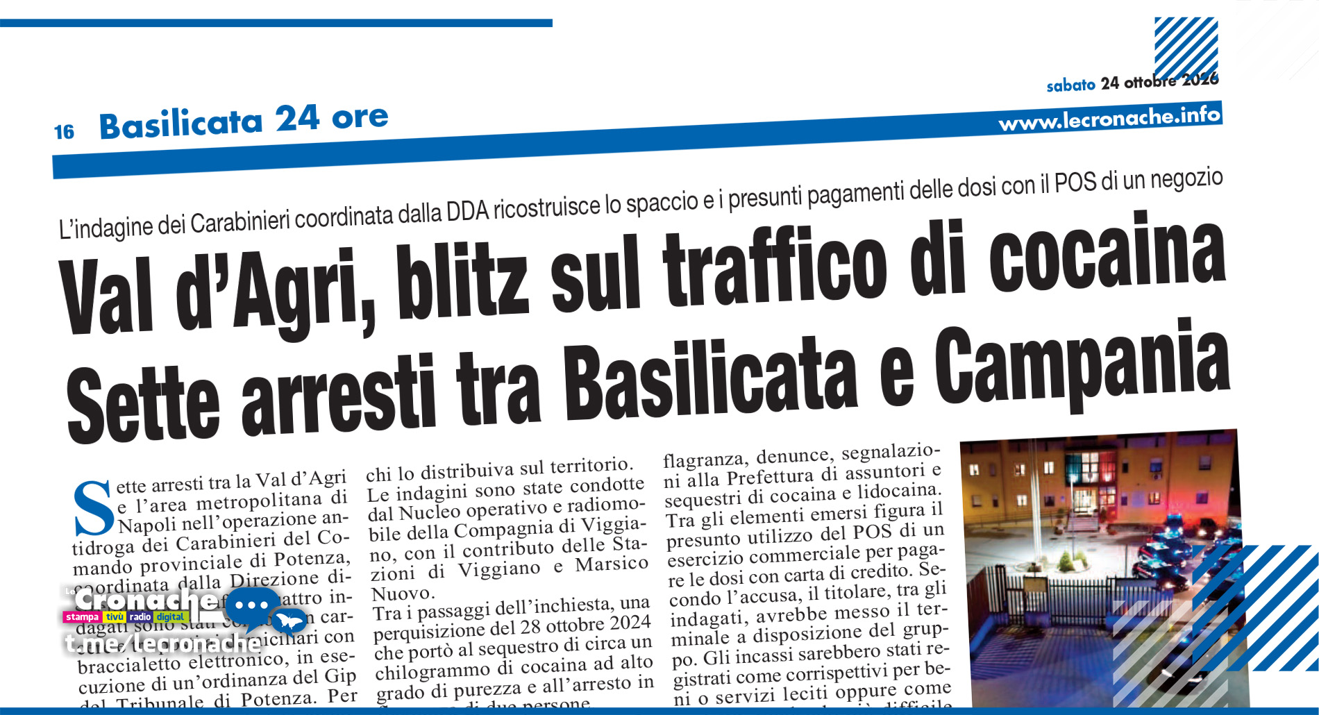 VAL D’AGRI, BLITZ SUL TRAFFICO DI COCAINA SETTE ARRESTI TRA BASILICATA E CAMPANIA