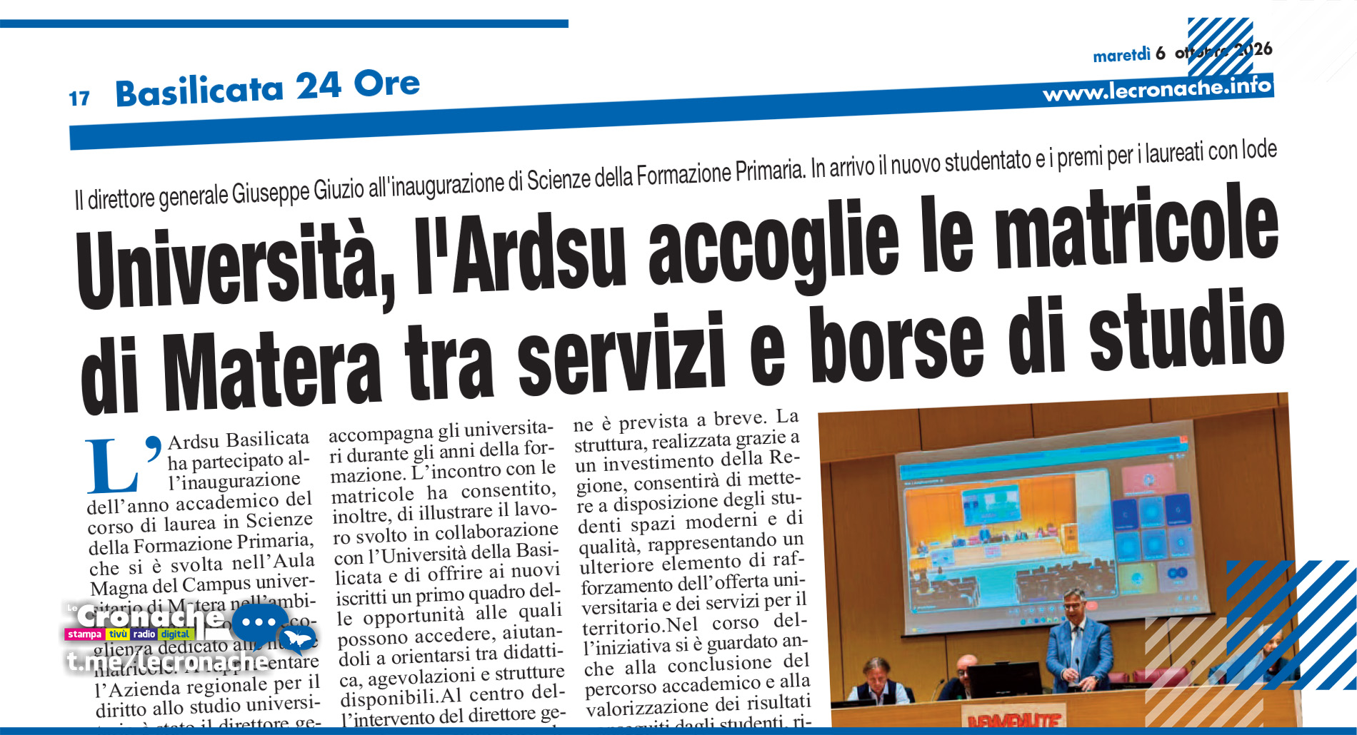 IL DG GIUZIO INCONTRA LE MATRICOLE A MATERA