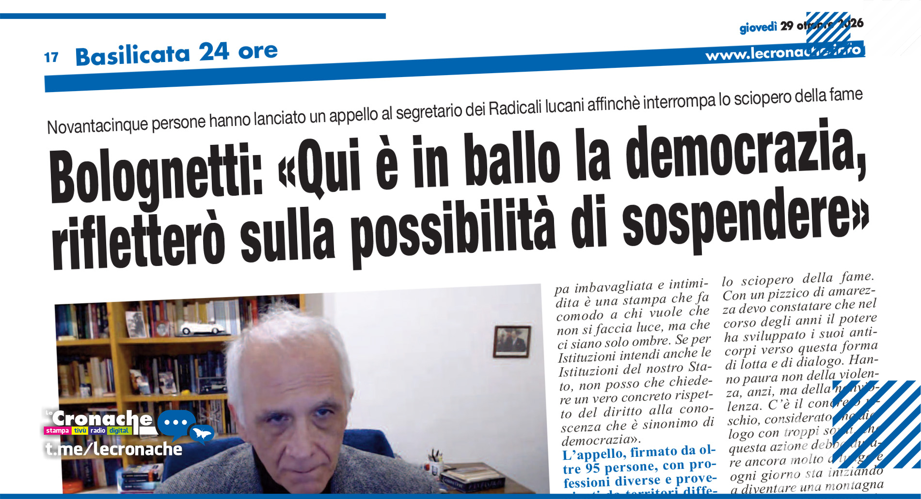 SCIOPERO DELLA FAME, BOLOGNETTI: «QUI È IN BALLO LA DEMOCRAZIA»