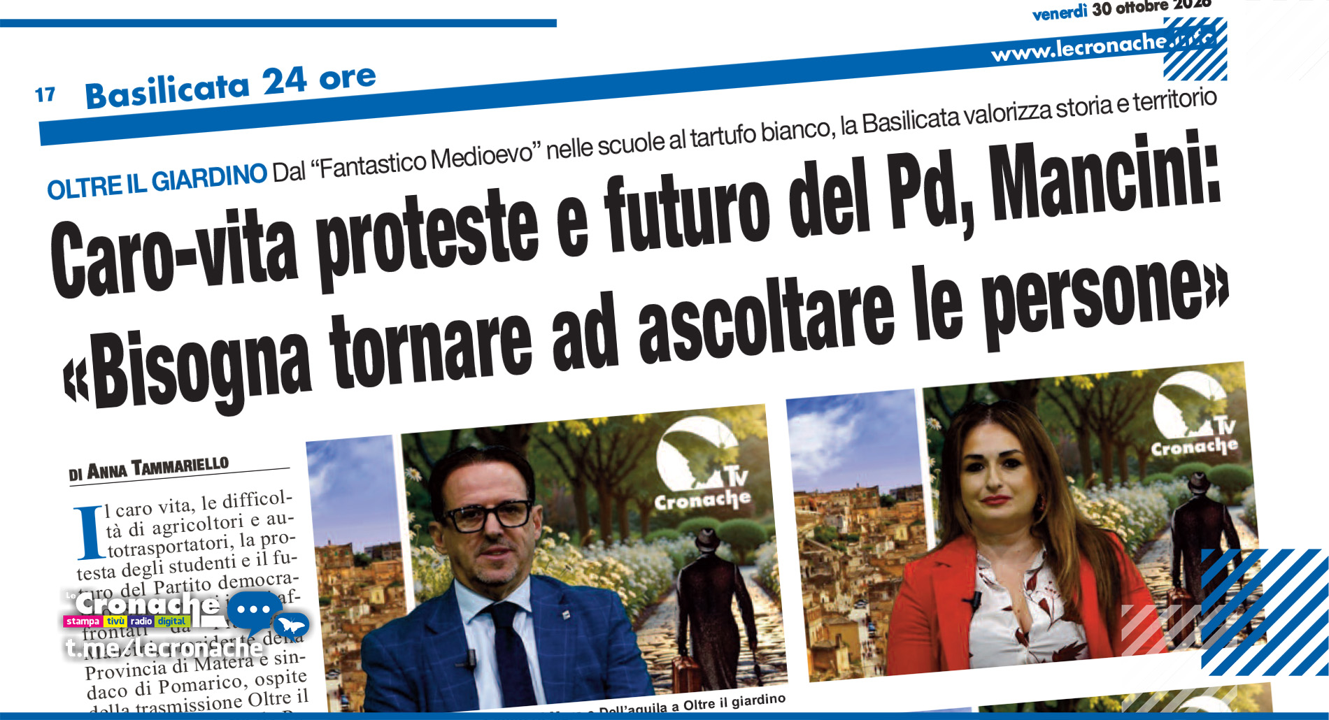 CARO-VITA, PROTESTE E PD, MANCINI: «TORNIAMO AD ASCOLTARE LE PERSONE»
