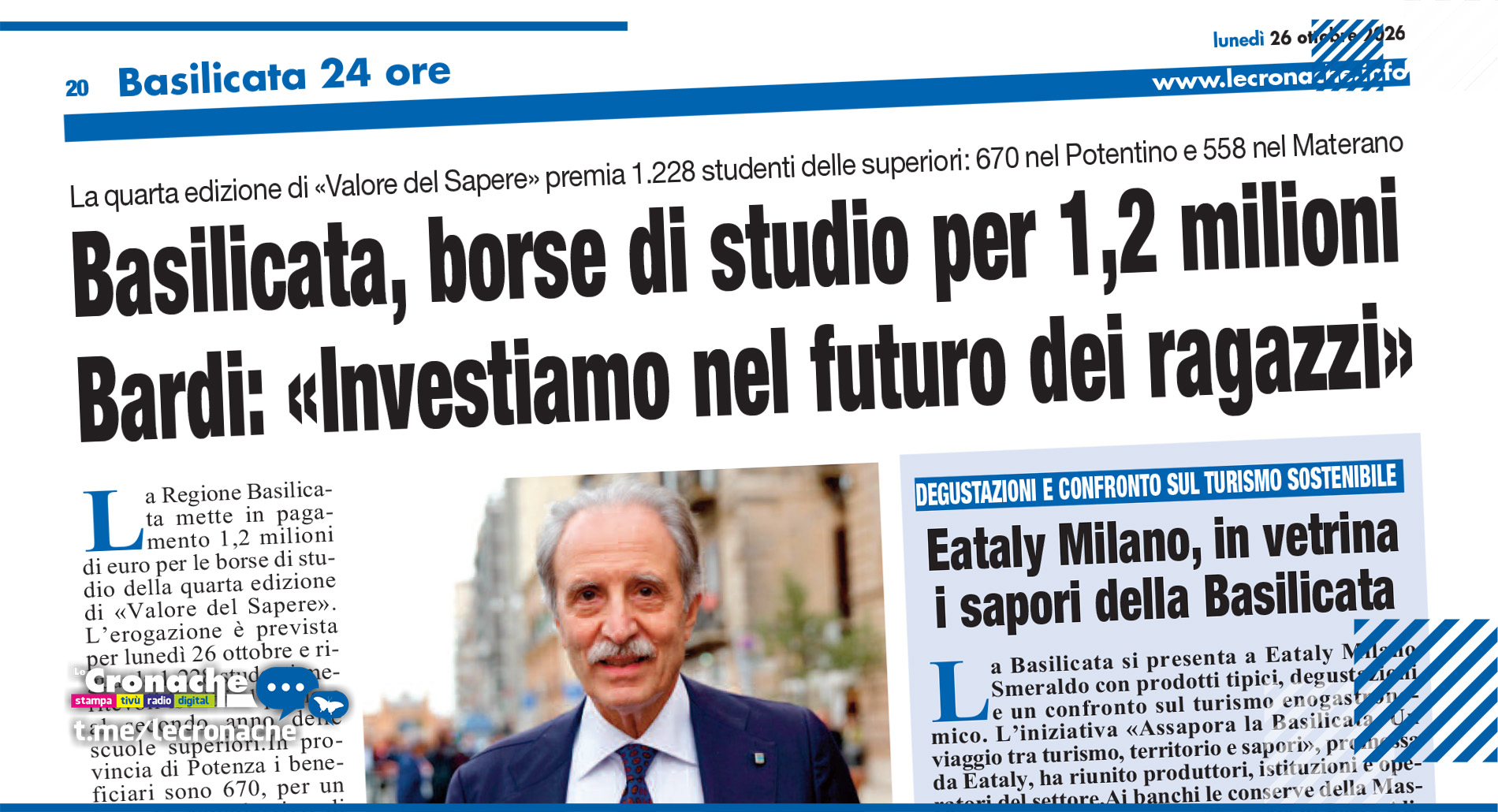 BASILICATA, BORSE DI STUDIO PER 1,2 MILIONI BARDI: «INVESTIAMO NEL FUTURO DEI RAGAZZI»