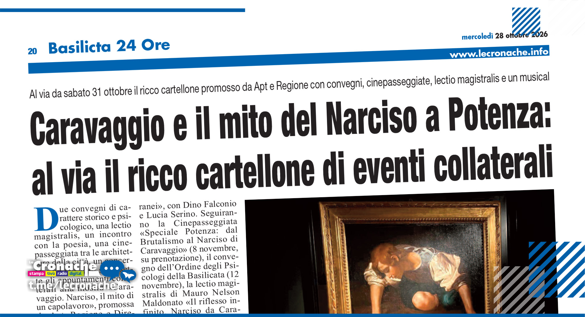 CARAVAGGIO E IL MITO DEL NARCISO A POTENZA: AL VIA IL RICCO CARTELLONE DI EVENTI COLLATERALI