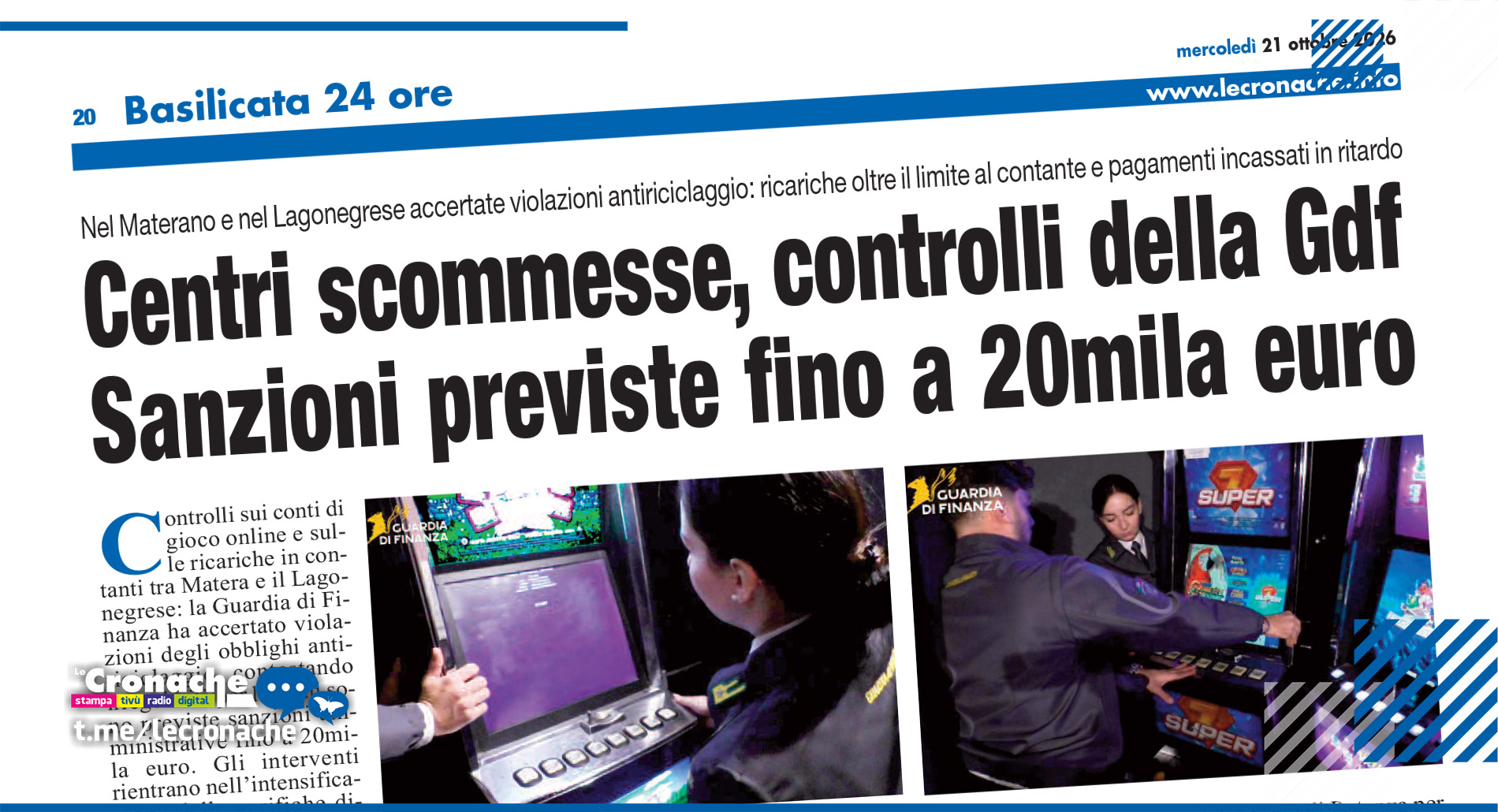 CENTRI SCOMMESSE, CONTROLLI DELLA GDF SANZIONI PREVISTE FINO A 20MILA EURO