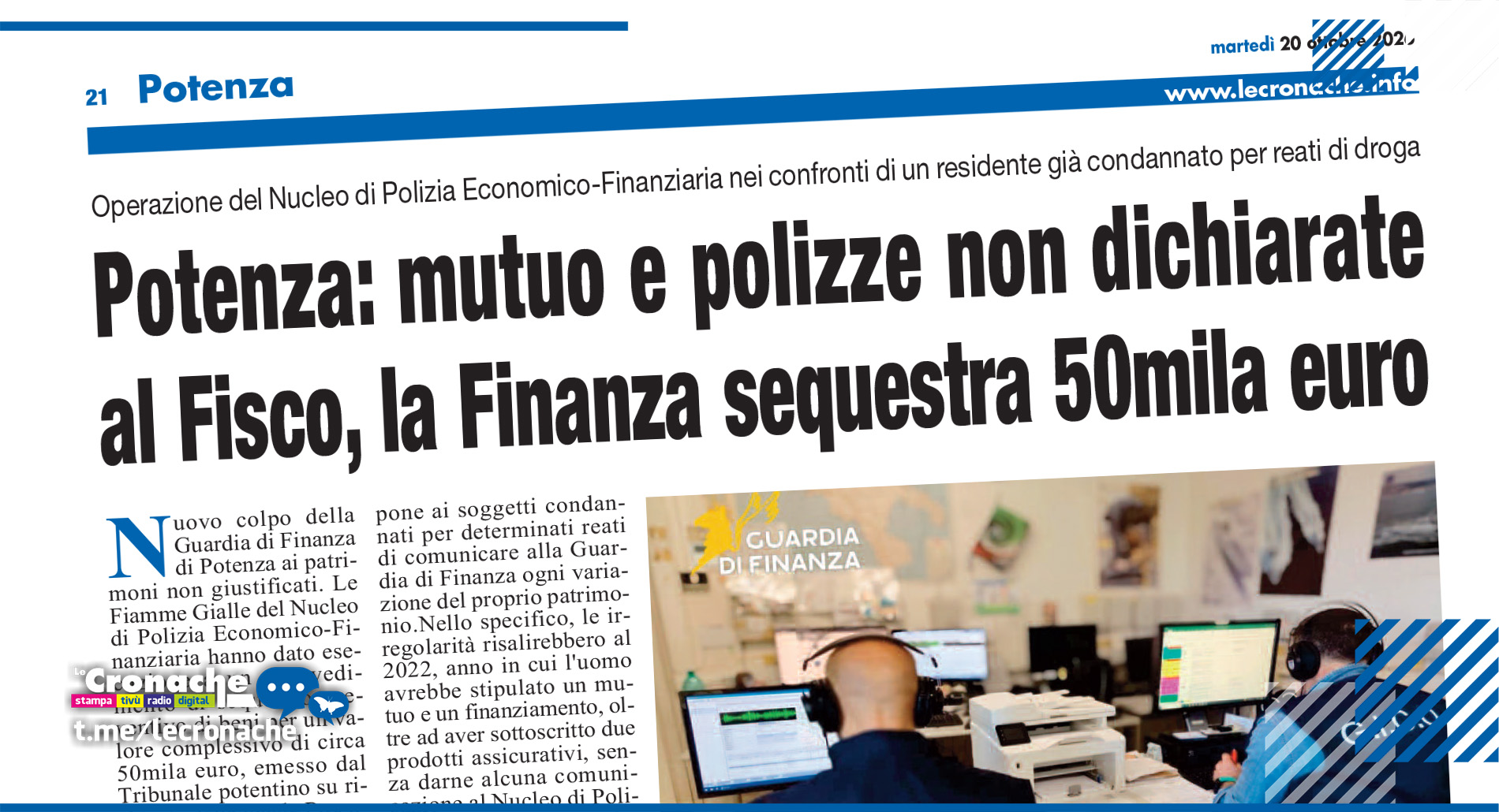 POTENZA: MUTUO E POLIZZE NON DICHIARATE AL FISCO, LA FINANZA SEQUESTRA 50MILA EURO