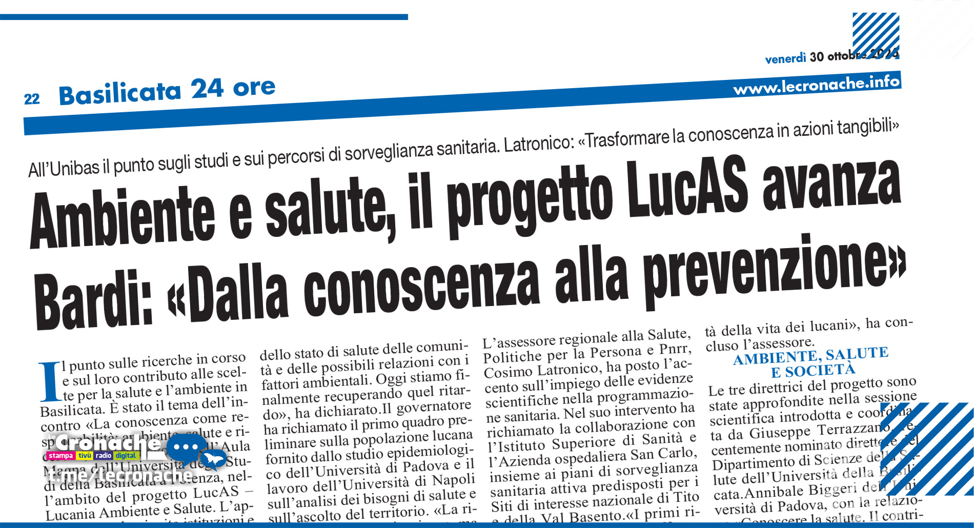 AMBIENTE E SALUTE, IL PROGETTO LUCAS AVANZA BARDI: «DALLA CONOSCENZA ALLA PREVENZIONE»