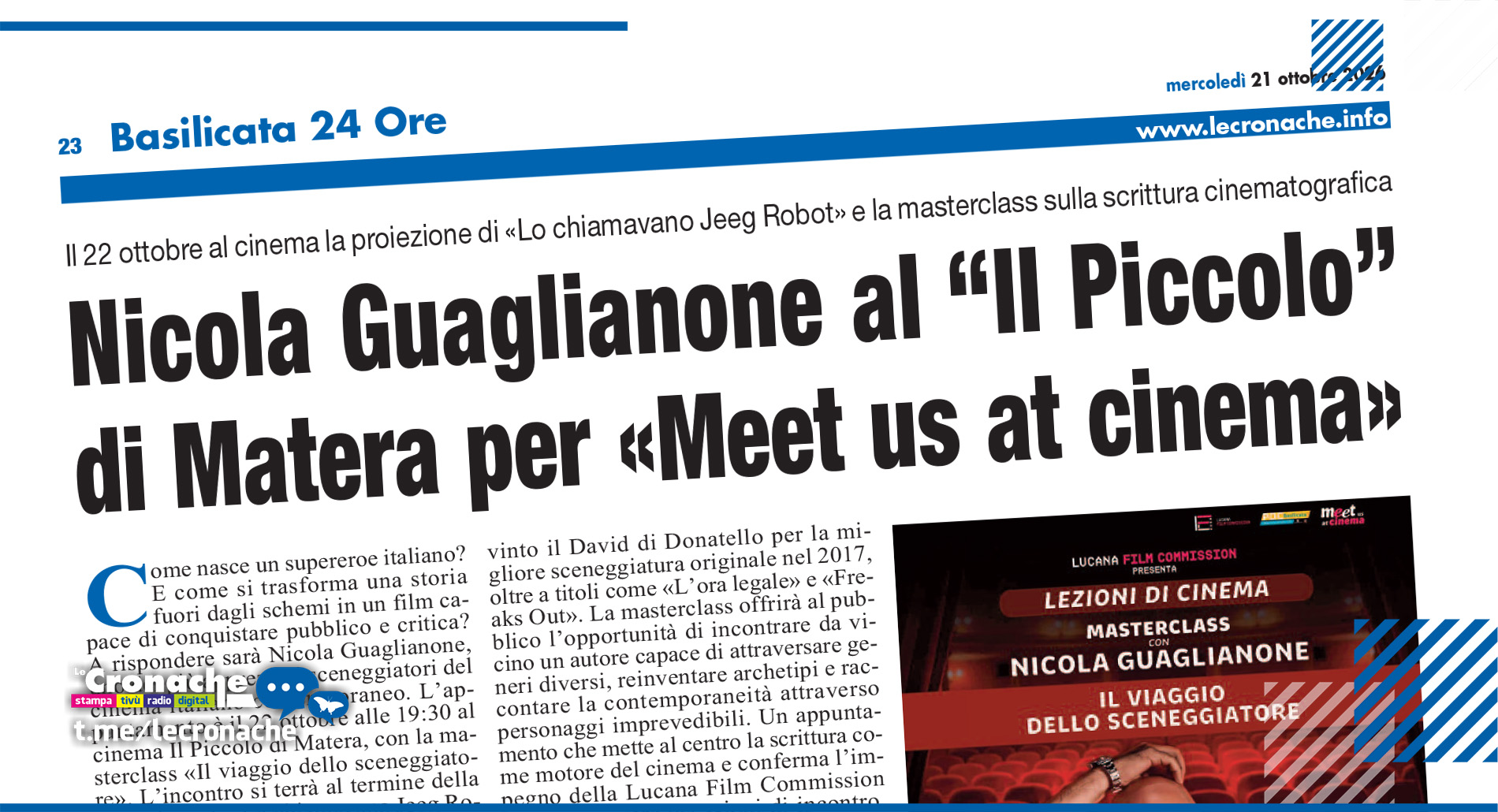 NICOLA GUAGLIANONE AL “IL PICCOLO” DI MATERA PER «MEET US AT CINEMA»