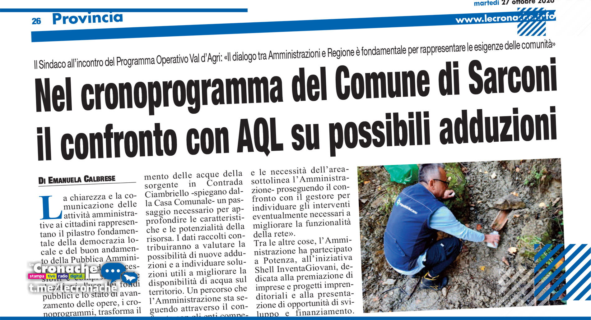 NEL CRONOPROGRAMMA DEL COMUNE DI SARCONI IL CONFRONTO CON AQL SU POSSIBILI ADDUZIONI