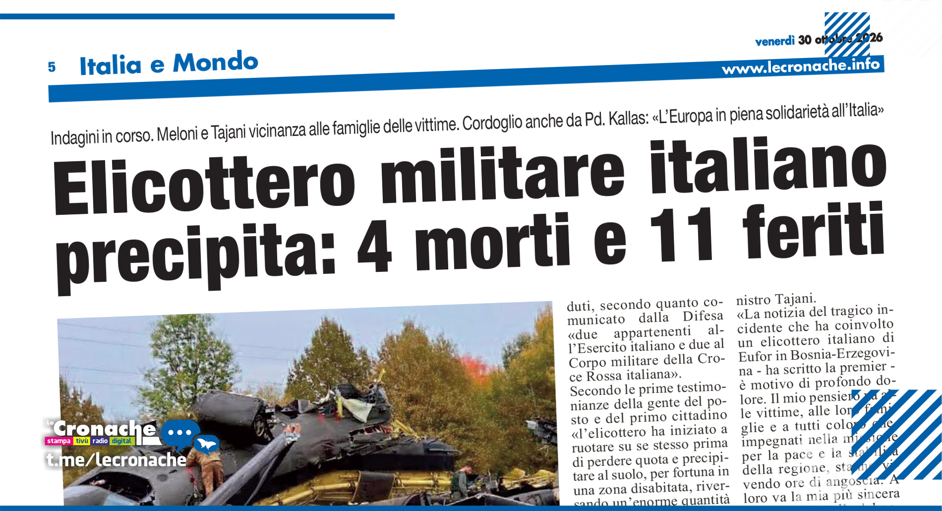 ELICOTTERO MILITARE ITALIANO PRECIPITA: 4 MORTI E 11 FERITI