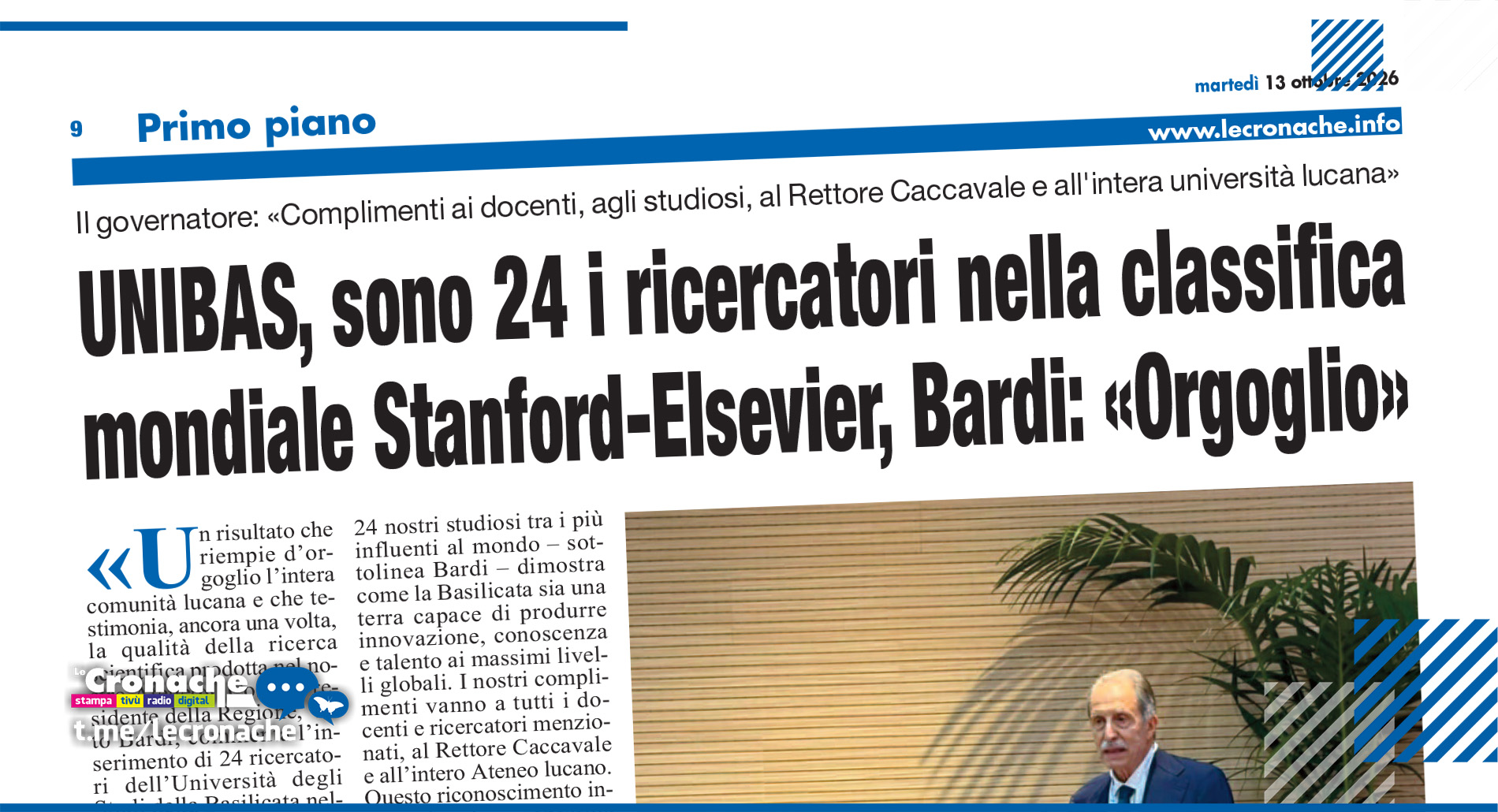 UNIBAS, SONO 24 I RICERCATORI NELLA CLASSIFICA MONDIALE STANFORD-ELSEVIER, BARDI: «ORGOGLIO»